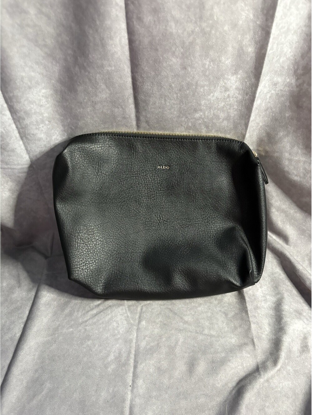 Aldo Black Faux Leather Zip Clutch Cosmetic Pouch Gold Tone Hardware